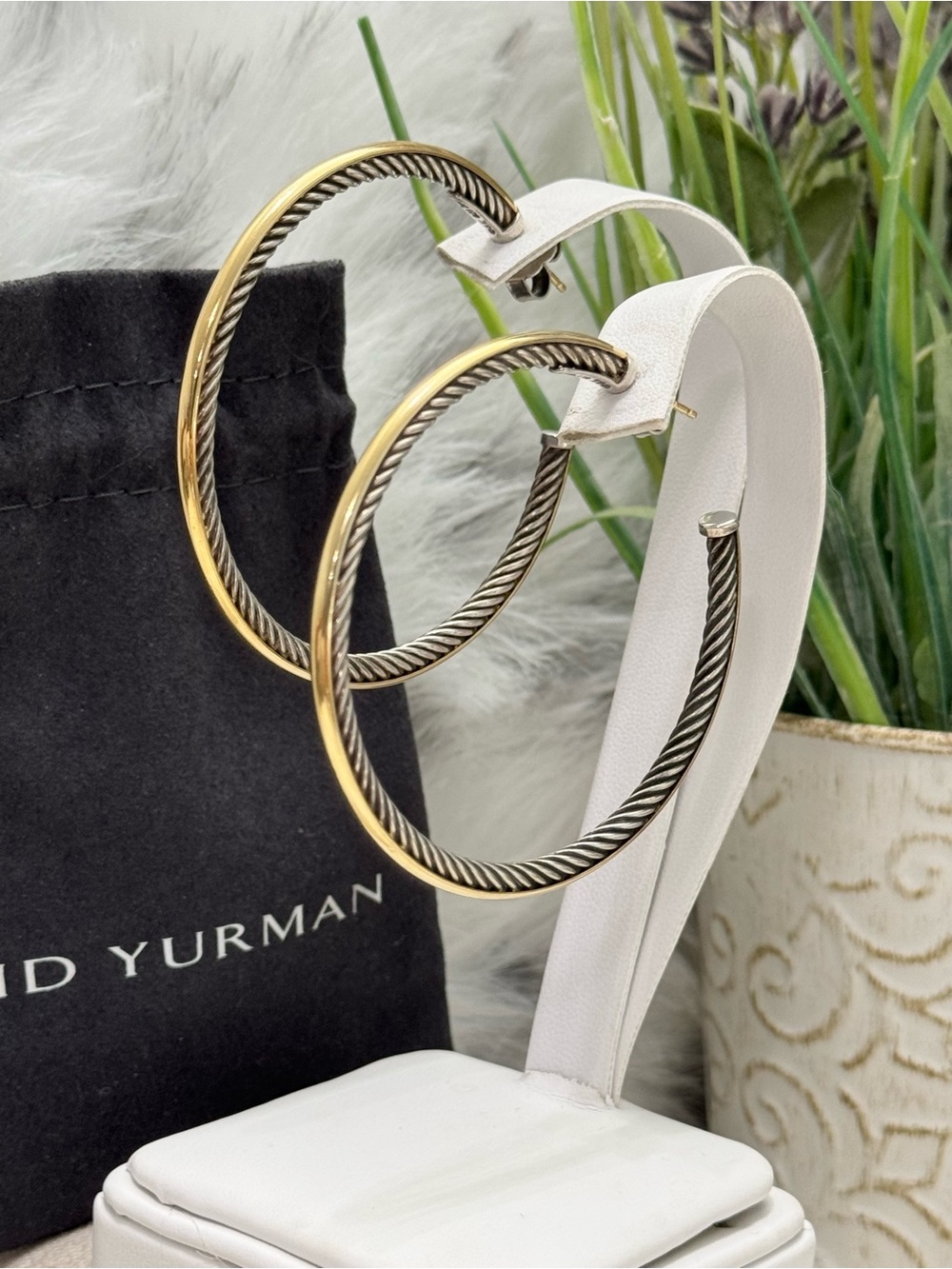 David Yurman 18K Gold 925 Sterling Silver XL Cable Hoop Earrings 2.25”